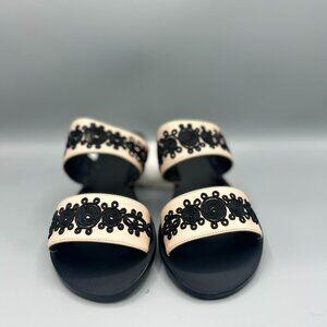 Natural Leather Sandals with Black Embroidery